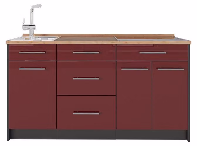 Cucine componibili piccole Vicco Fame-Line Bordeaux lucido 150 cm, PL Rovere, Model 65392