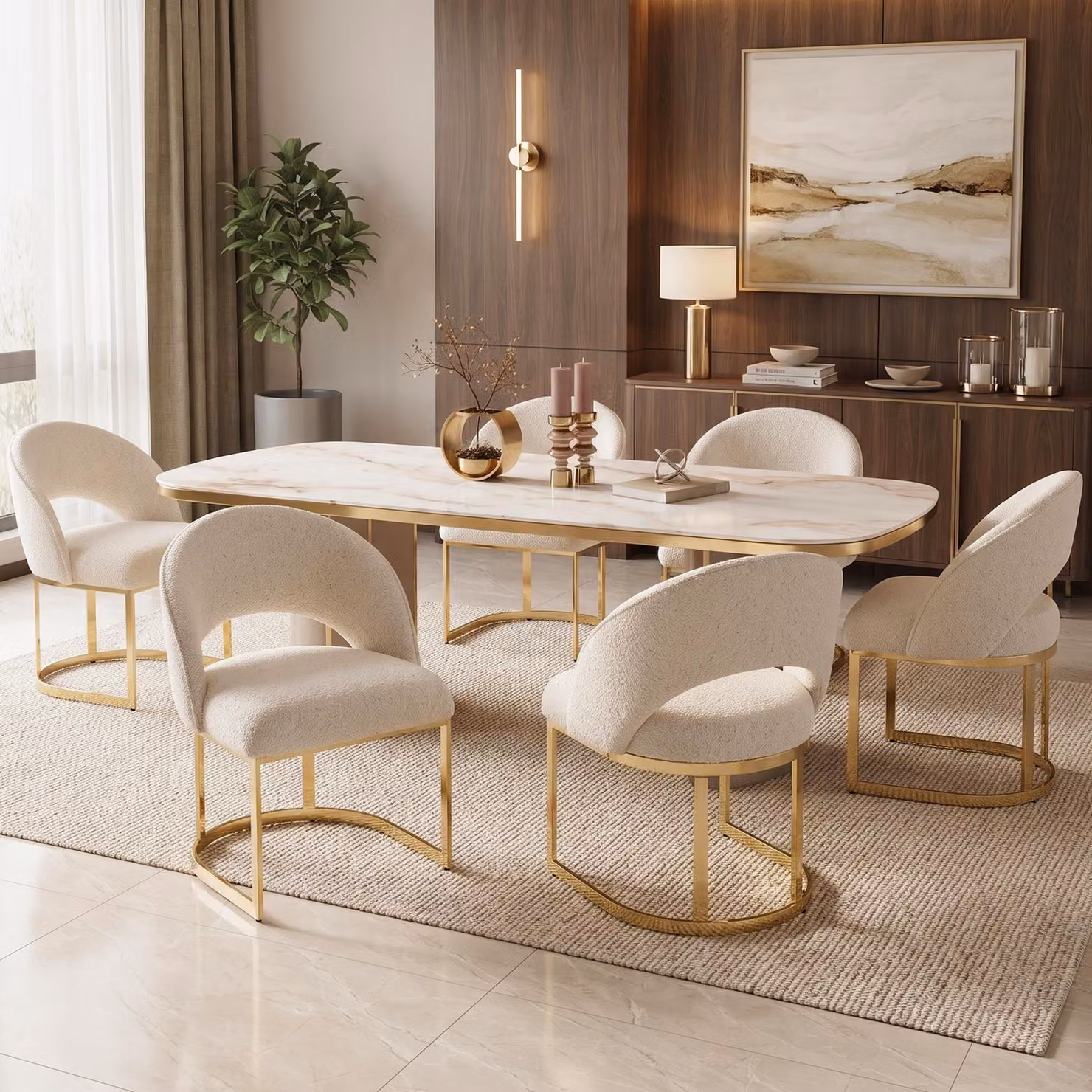 Set di 6 sedie da pranzo Flieks, con gambe placcate in oro, rivestite in tessuto boucle, ideali per ristoranti, soggiorni e cucine. Sedie imbottite, colore beige e oro