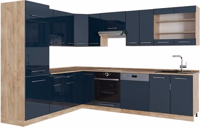 Cucina angolare moderna Fame-Line Vicco Blu scuro lucido e Rovere dorato L/P/H: 287 x 227 x 85 cm