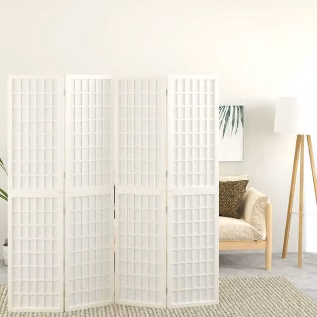 Paravento Pieghevole a 4 Pannelli in Stile Giapponese Bianco con Struttura in Legno e Carta, H 170 cm x L 160 cm