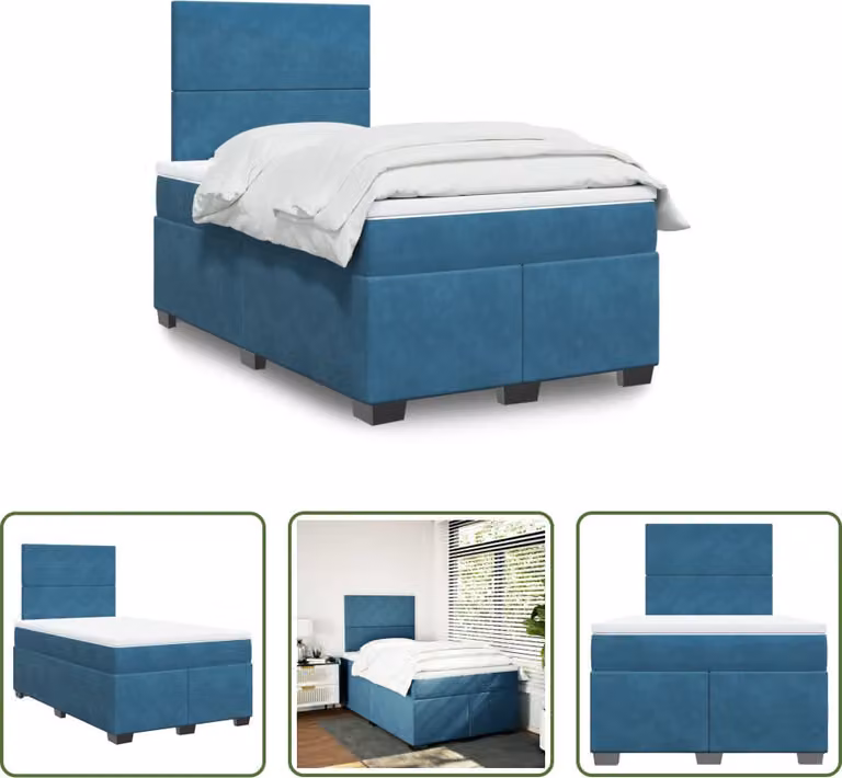 The Living Store Letto a molle con materasso blu 120x190 cm in velluto
