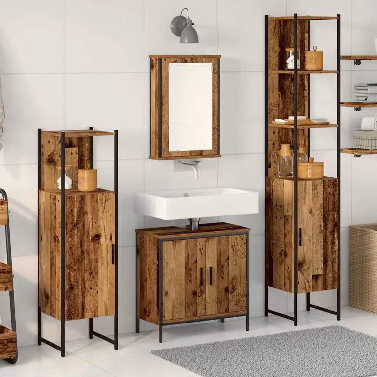 Set di mobili per il bagno moderno vidaXL in legno marrone e nero, composto da armadietto con specchio, mobile lavabo, colonna alta e mobile laterale, L/P/H: 33 x 33 x 185,5 cm