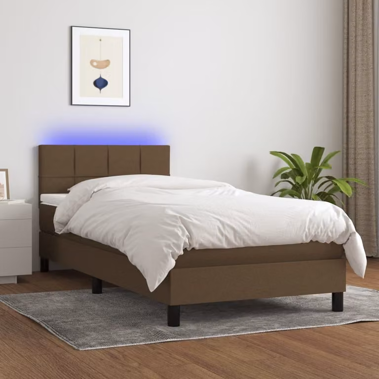The Living Store Letto a molle con materasso e LED in tessuto marrone scuro 100x200 cm