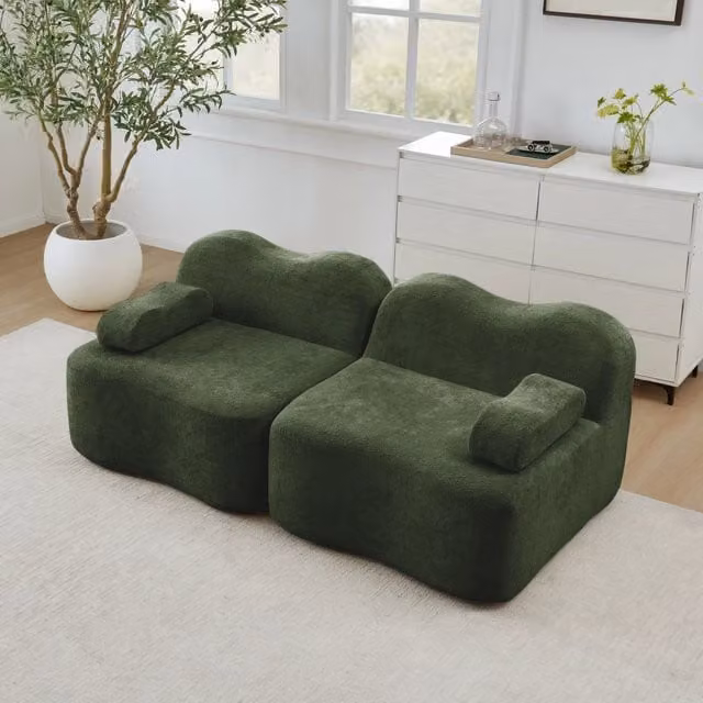 Divano Modulare 2 Posti Boneless ¨C MINIMAL ¨C Tessuto Verde, Cuscini Morbidi, Braccioli Mobili