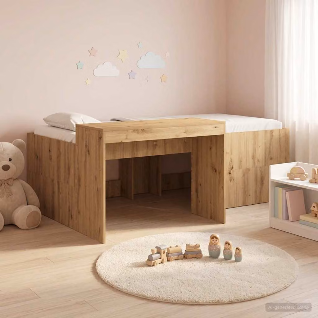 vidaXL Letto alto per bambini con scrivania in legno Rovere Artigianale L: 203 cm, P: 120 cm, H: 133,5 cm