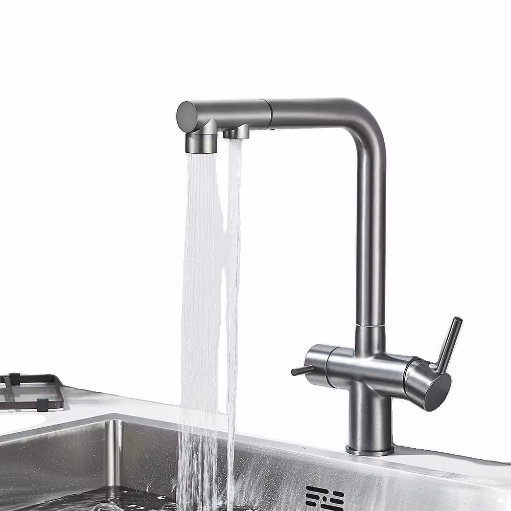 Miscelatore da cucina a due maniglie, acqua fredda e calda, bocca estraibile per acqua filtrata, grigio