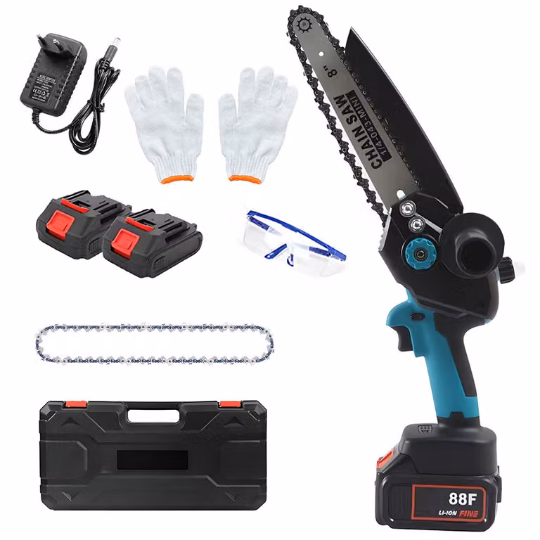 Motosega HDeye a batteria senza spazzole da 8", batteria 2x 21V, con serbatoio dell'olio e piastra di protezione rimovibile, tensionamento della catena senza attrezzi, per il giardino e l'uso domestico.