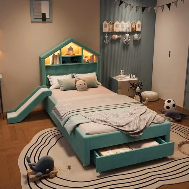 letto per bambini velluto blu verde 90 x 200 cm