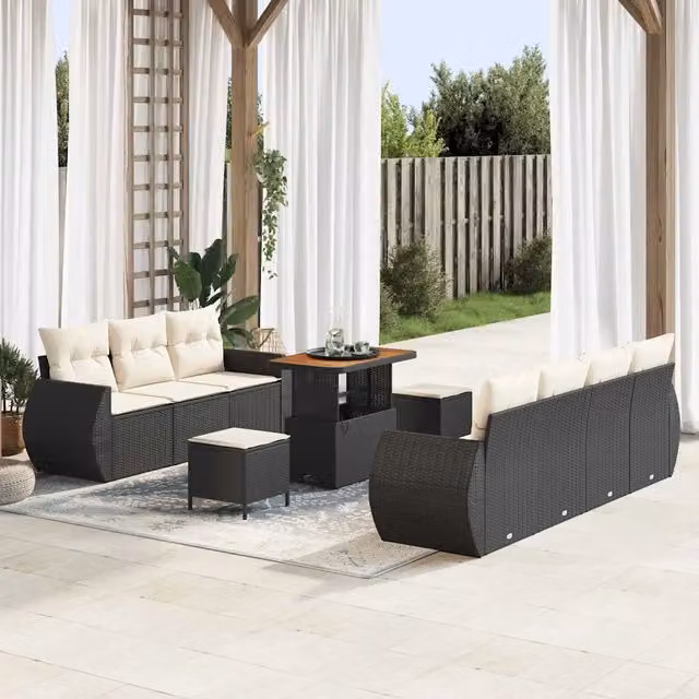 Set Divano da Giardino 10 pz 7-Numero di posti Nero e Crema 3363790