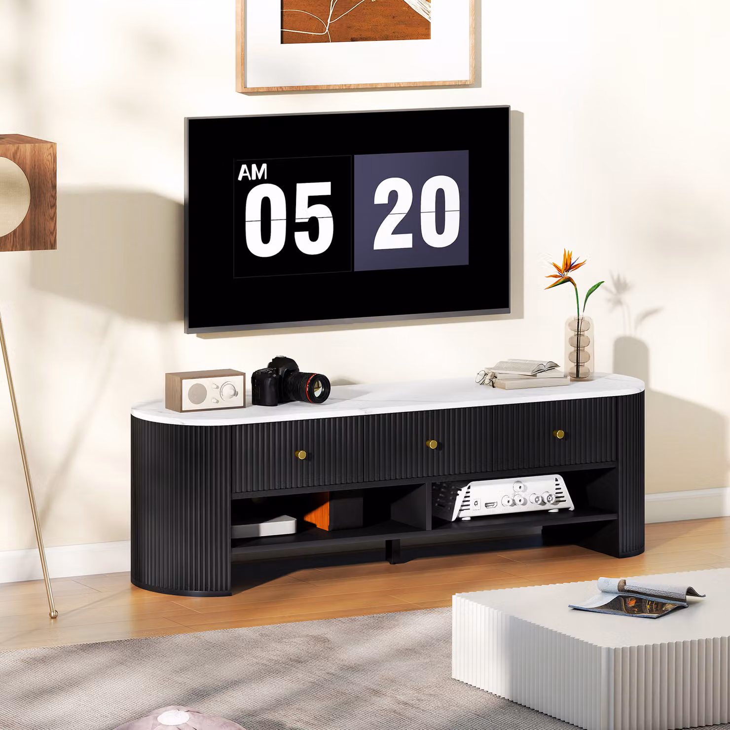 Mobile TV HOMCOM da 140 cm per televisore fino a 65 pollici, design moderno con effetto marmo, 3 cassetti e 2 mensole, colore nero – 2