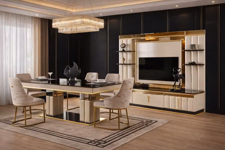 Set per sala da pranzo: tavolo da pranzo, 4 sedie, mobile TV, colore beige, stile moderno, pratico