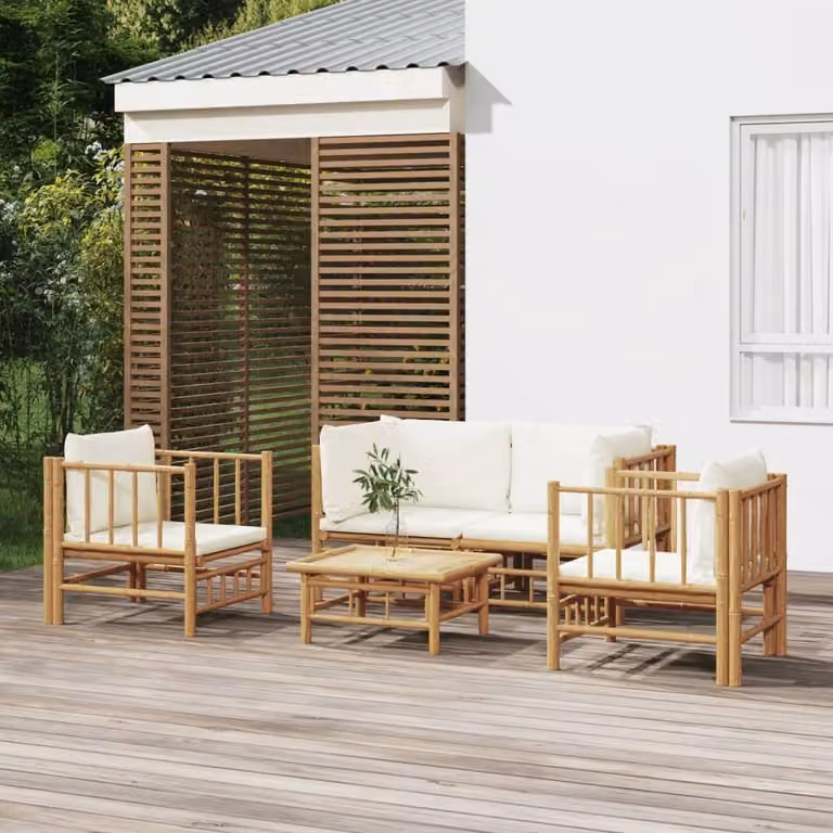 The Living Store Set da giardino 5 pezzi con cuscini in bambù bianco crema