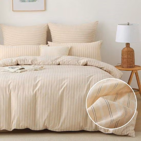 Set di lenzuola Ibbenzoa® 135×200 cm – 100% cotone lavato ( Oeko-Tex), beige, include federa 80×80 cm, chiusura a zip nascosta e angoli con laccetti, aspetto a righe effetto crinkle