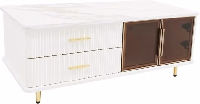 Tavolino da caffè moderno REDOM rettangolare con piano in vetro e struttura in metallo, multicolore (bianco, oro, marrone) L: 80 cm, P: 50 cm, H: 40 cm