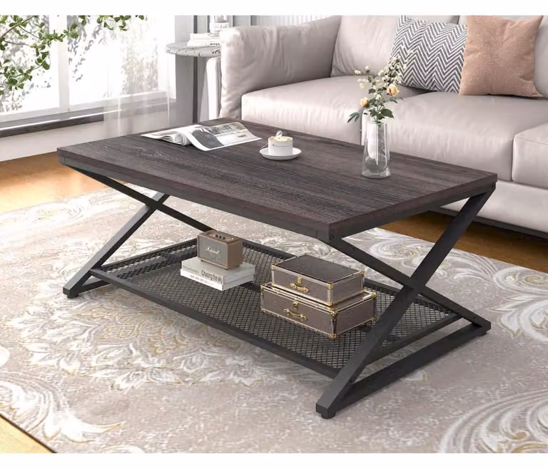 Tavolino da salotto con spazio contenitore, legno e metallo, noce scuro, dimensioni 100x60x45 cm