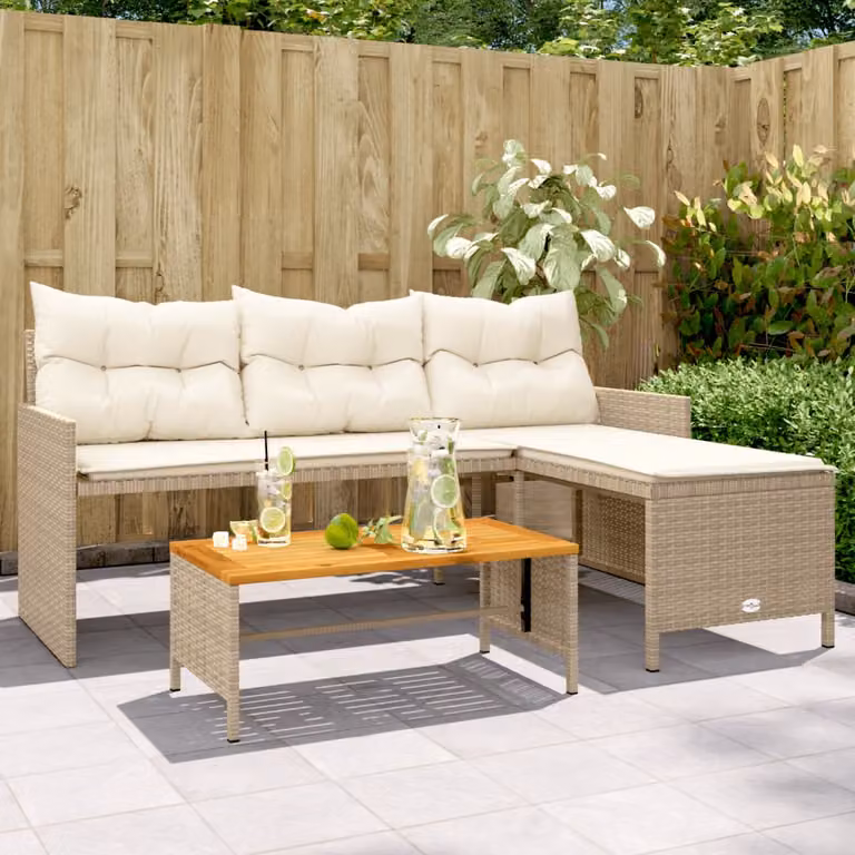 Set da giardino vidaXL a forma di L con divano a 3 posti, tavolo da caffè e cuscini beige in polyrattan e struttura in acciaio verniciato a polvere L/P/H: 170 x 120 x 72,5 cm