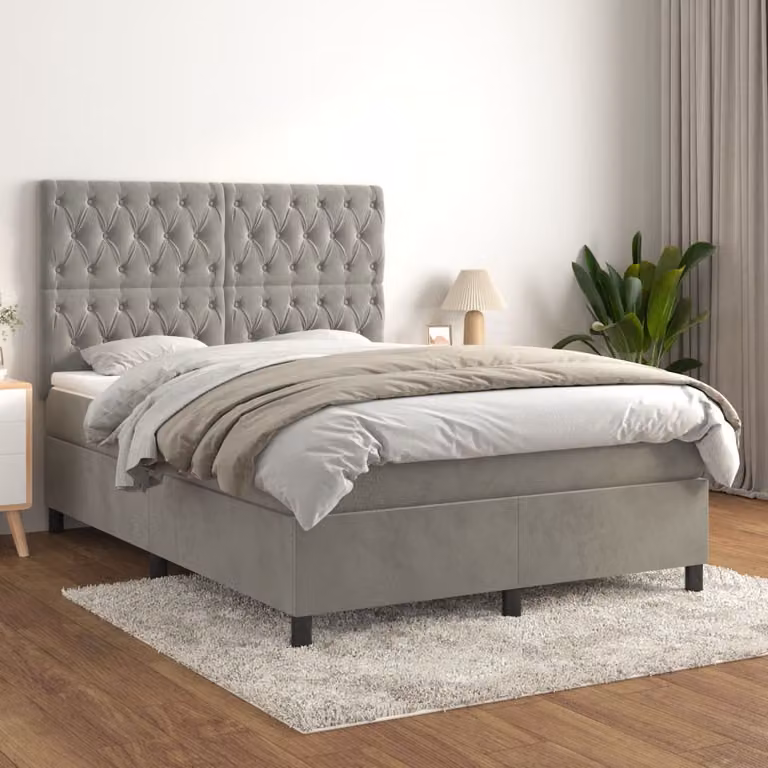 vidaXL Letto Ibrido con Giroletto a Molle e Materasso in Velluto Grigio Chiaro e Bianco L/P/H: 200 x 140 x 44 cm