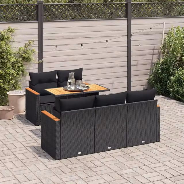 Set Divano da Giardino 6 pz con Cuscini Nero Polyrattan Acacia 3327436