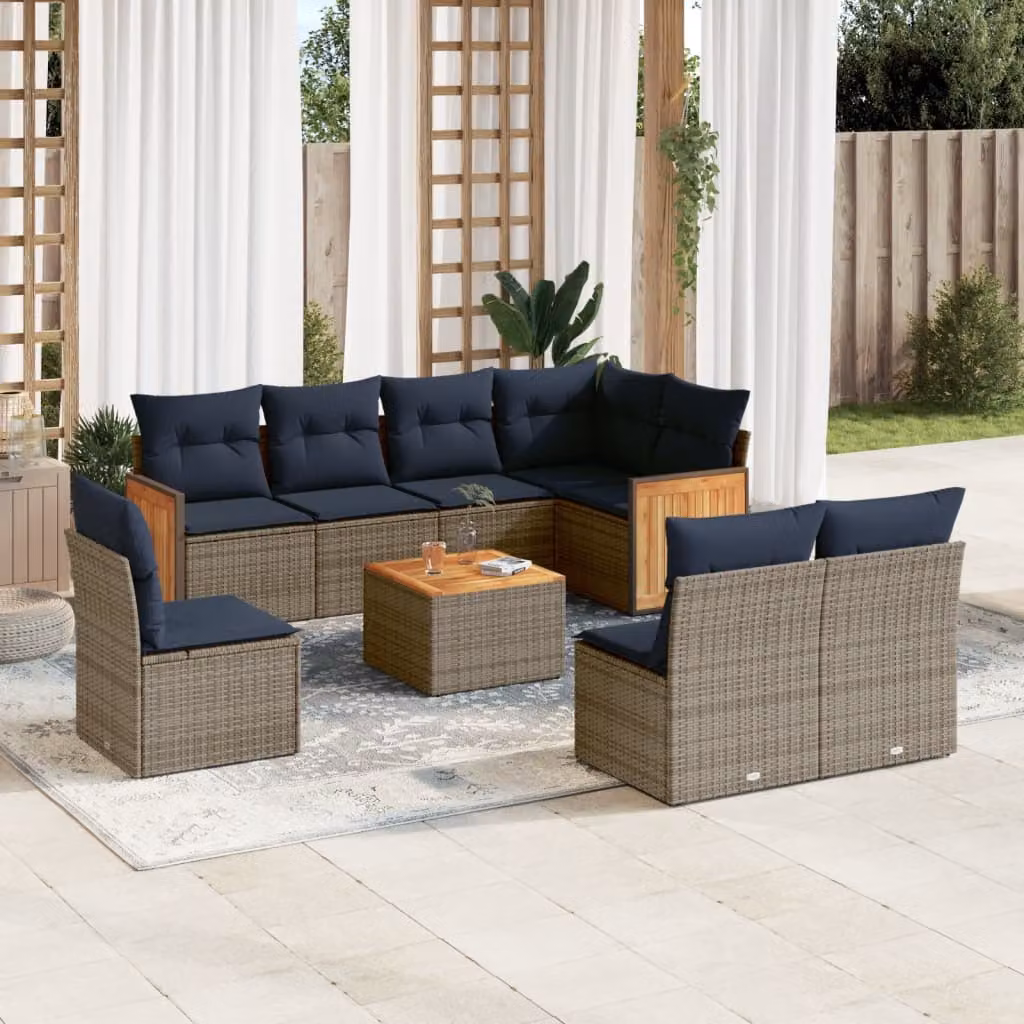 Set Divani da Giardino vidaXL 9 pz in Polyrattan Grigio con Cuscini e Tavolino da Esterno