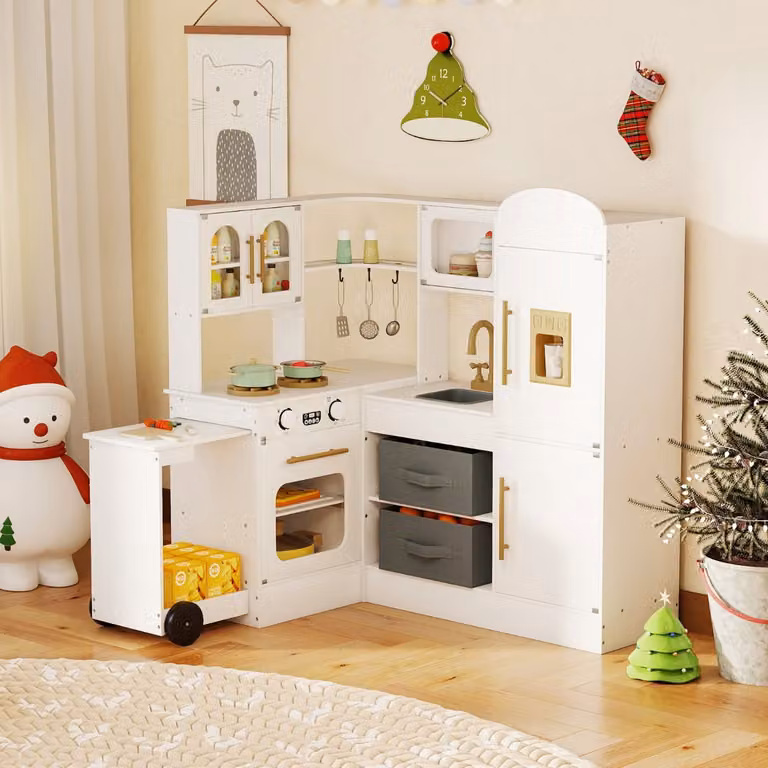 Cucina ad angolo interattiva in legno Costway con luci, suoni e lavabo, colore bianco per bambini dai 3 anni in su
