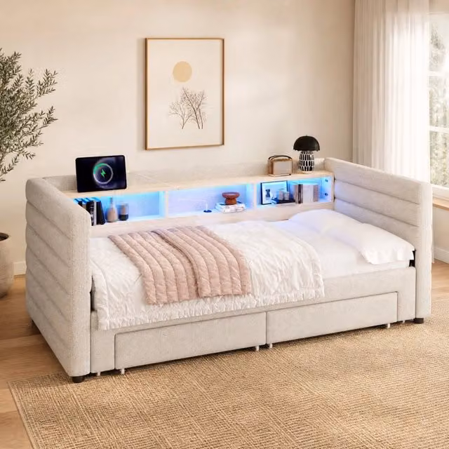 Letto singolo estraibile 90 × 190 cm in velluto beige con LED multicolore USB Type-C due cassetti e vani contenitore