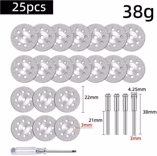 25 mini dischi abrasivi diamantati da 22 mm, compatibili con le levigatrici Dremel, lame circolari in acciaio rapido con rivestimento Harsc, incluse 4 pinze di fissaggio SC e 1 cacciavite.