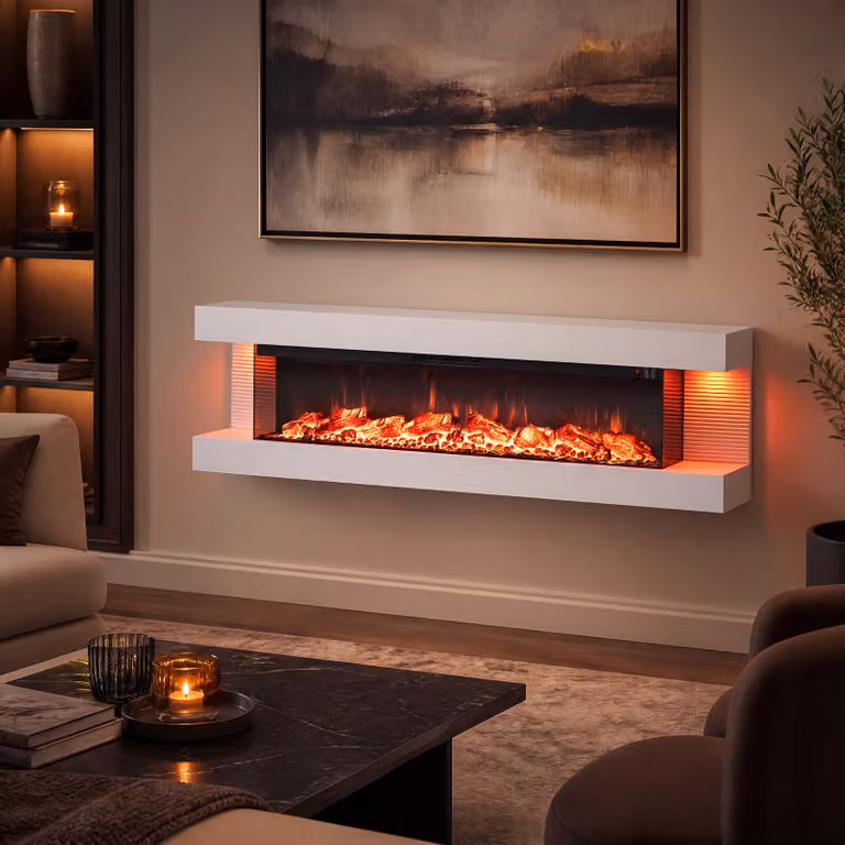 Camino elettrico Costway da parete o terra con 12 colori di fiamma e luci LED, Bianco, L 152,5 cm x H 42 cm x P 20,5 cm