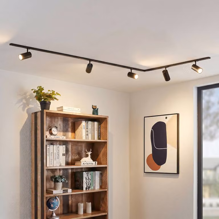 Sistema di binari Lindby Linaro Ø7 cm, a 5 luci, LED, nero, CCT Lindby, dimmerabile, Nero, Studio / Ufficio, Alluminio, Moderno