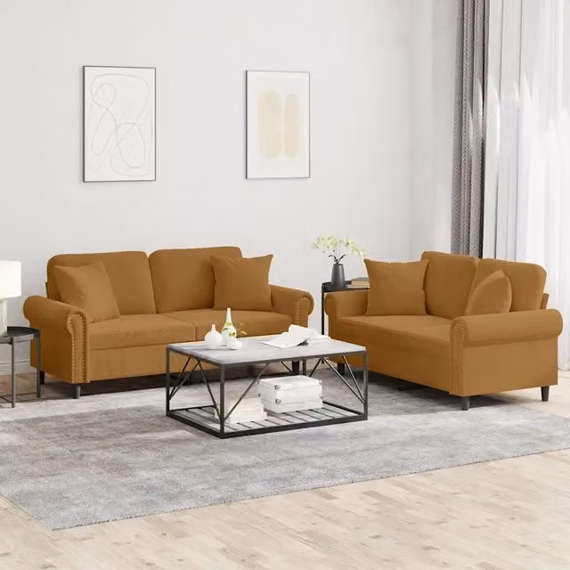 Set di 2 divani vidaXL in velluto marrone con cuscini per soggiorno in stile moderno – 1
