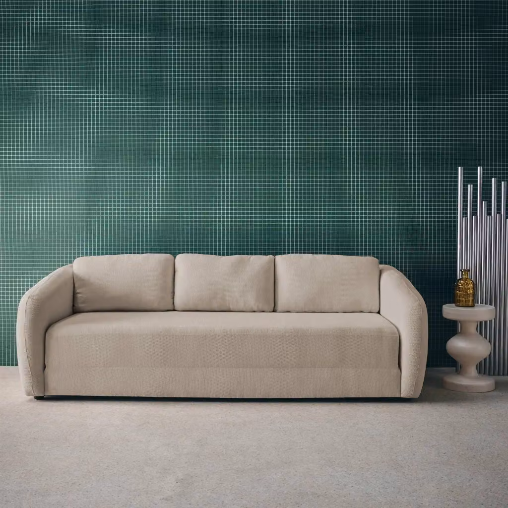Divano letto moderno Sweeek a 3 posti in tessuto con struttura in legno massiccio e cuscini decorativi, colore grigio o beige, dimensioni letto: 140 x 200 cm – 2