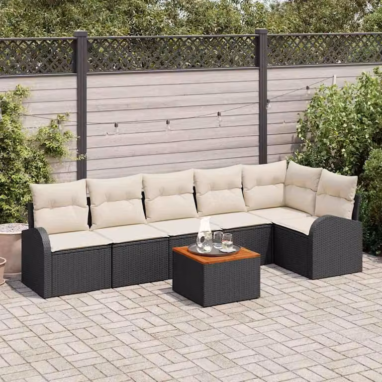 Maison Exclusive - Set da giardino composto da 7 pezzi. Divano e poltrone in rattan sintetico nero e crema