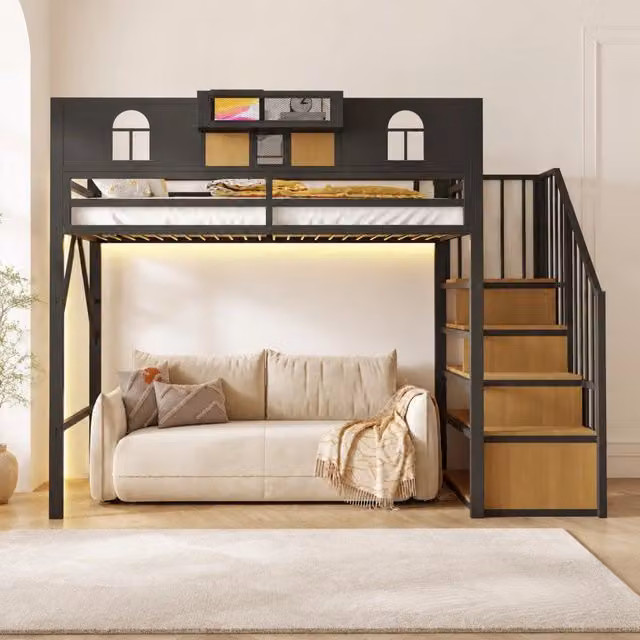 Letto a soppalco in metallo 90×200 cm nero con scala contenitore e luce
