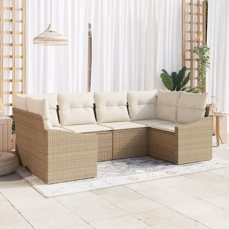 Set di divani da giardino vidaXL a forma di L composto da 6 pezzi in rattan beige con cuscini inclusi