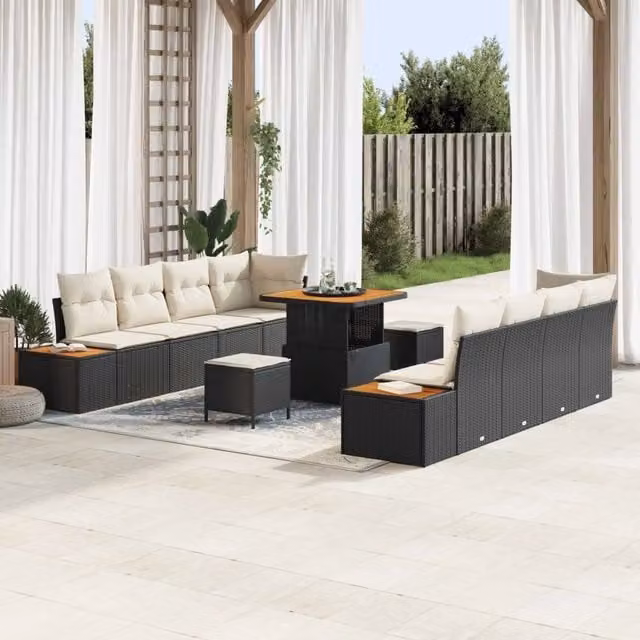 Set Divano da Giardino vidaXL 11 Pezzi a Forma di U con Cuscini Nero e Beige – 1