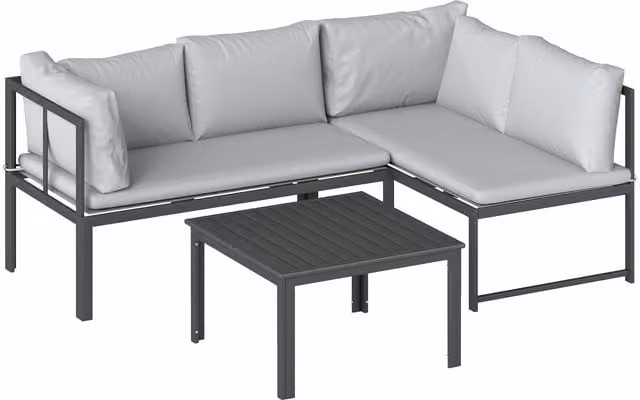Set da giardino Outsunny composto da 3 pezzi con divano angolare a 4 posti e tavolino, in metallo e poliestere grigio