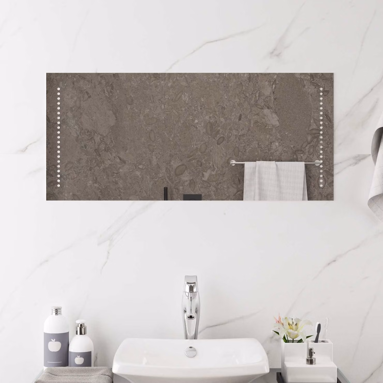 Specchio da bagno con LED vidaXL, design minimalista in vetro temperato, colore trasparente/grigio, L: 90 cm, P: 40 cm