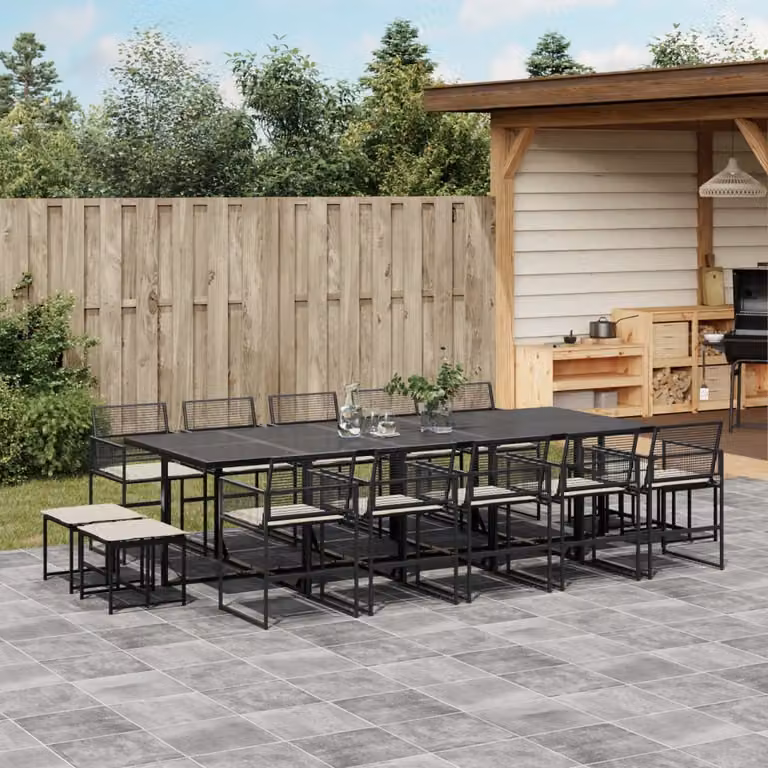 Set da pranzo da giardino vidaXL in polyrattan nero con cuscini e tavolo in vetro per 15 persone
