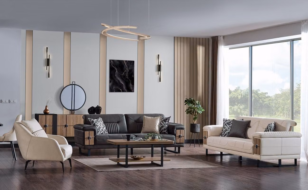 Sofagarnitur 3+3+1 Sitzer Wohnzimmer Set Komplett Textil Sofa Sessel Holz