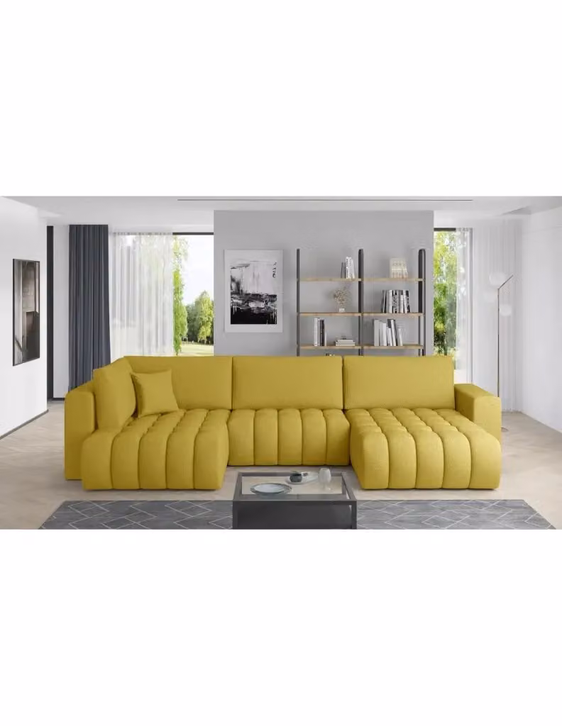 Divano ad angolo BONITA MEUBLORAMA convertibile 6 posti giallo in tessuto con funzione letto e lato destro L/P/H: 350 x 175 x 92 cm – 2