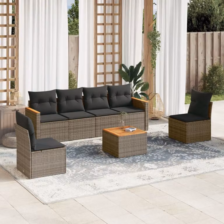 Set di divani da giardino vidaXL in polyrattan grigio con cuscini e tavolino da esterno 7 pezzi