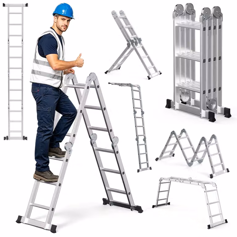Scala multifunzione in alluminio Ikodm 7in1, 4x3 gradini, circa 360 cm / 3,6 m, scala pieghevole a pantografo con piedini antiscivolo, scala per uso domestico, portata massima 150 kg