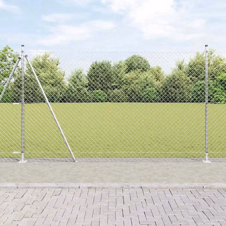 Recinzione a maglie vidaXL in acciaio zincato con base in cemento, Argento, L: 10 m, H: 1,5 m