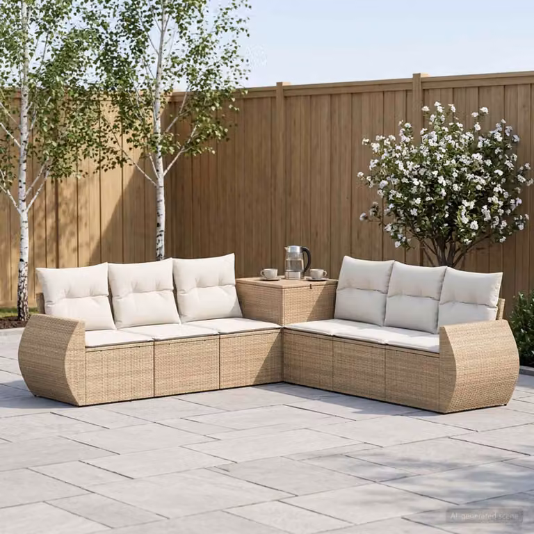 Set di divani da giardino vidaXL a forma di L con 7 pezzi, colore beige e bianco crema, struttura in metallo e cuscini inclusi
