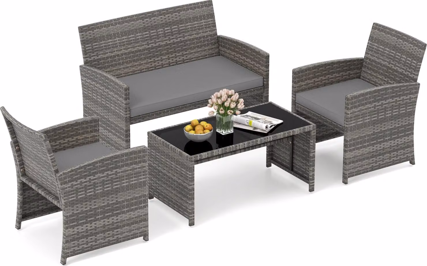 Set di mobili da giardino in polyrattan COSTWAY, mobili da esterno, set composto da 2 sedie, panca, tavolo e cuscini, mobili da terrazza, set da giardino grigio