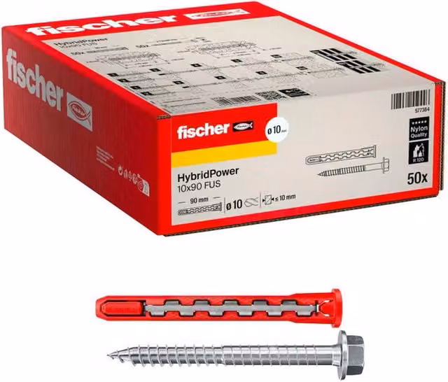 Fischer HybridPower Tassello Prolungato in Nylon e Acciaio con Vite Esagonale Flangiata Torx, Colore Rosso