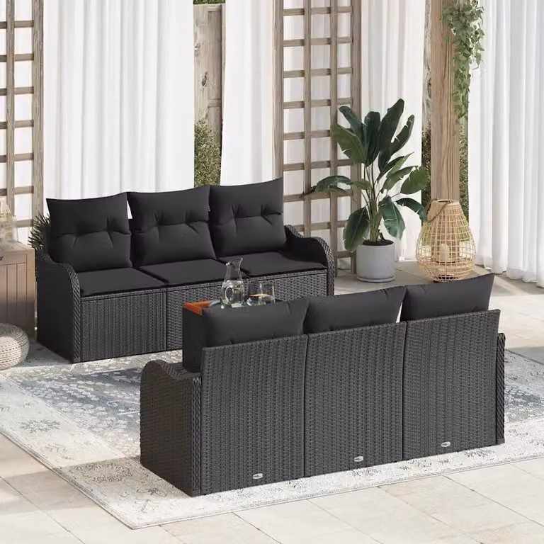 Set Divano da Giardino vidaXL 7 Pezzi Nero con Tavolino e Contenitore per Cuscini in Polyrattan e Acciaio