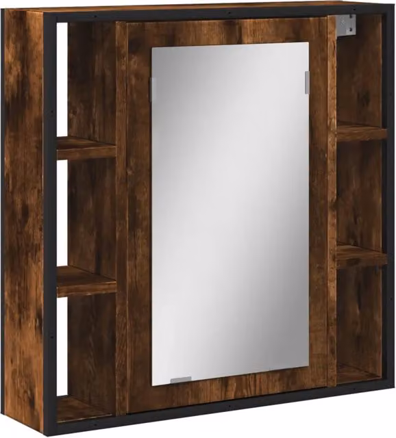 Armadietto da bagno con specchio 60 x 16 x 60 cm spazio portaoggetti a parete design pulito in legno multistrato rovere fumé 02_0049429