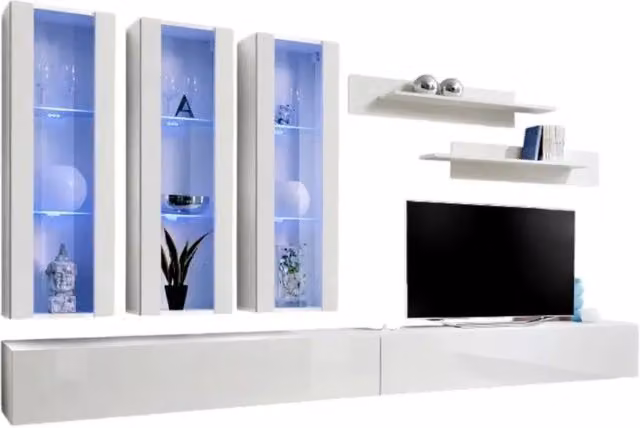 Composizione murale FLY E3 Meublorama - Mobili TV sospesi, vetrine con LED e mensole - Bianco lucido - Design moderno – 1