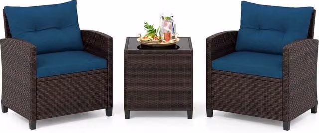 Set mobili da esterno 3 pezzi con piano in vetro temperato, Set sedie e tavolo in rattan con morbidi cuscini Blu