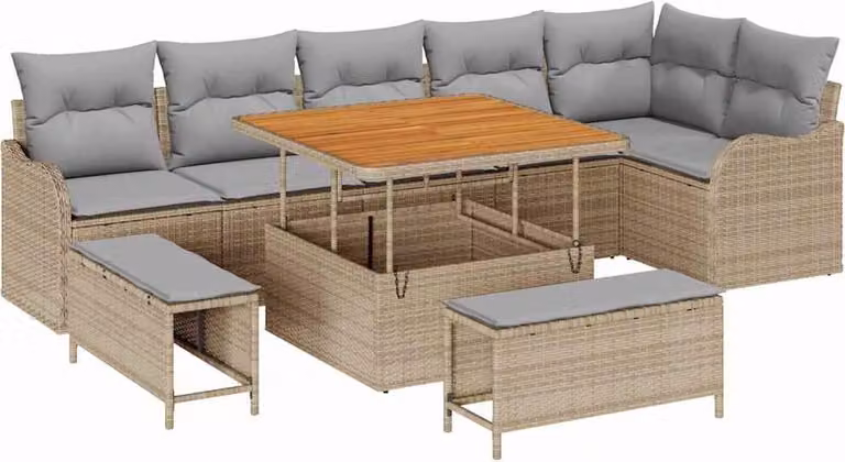 Set Divano da Giardino con cuscino 9 pcs Beige polyrattan